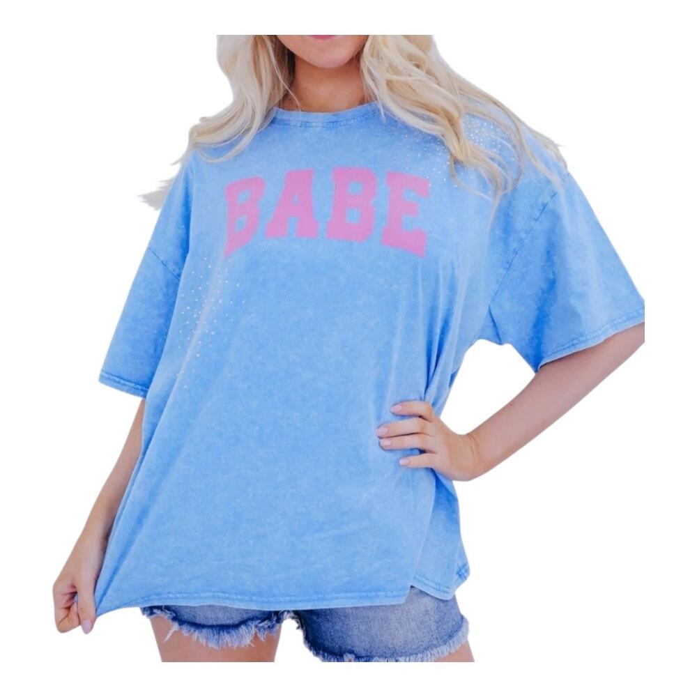 Fantastic Fawn Women's S Babe Graphic Tee Shirt Light Blue Oversized Comfy New